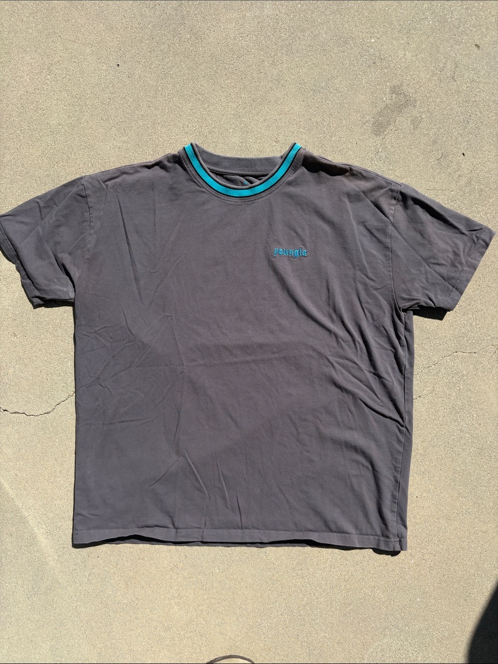 YoungLA Gray Tee with Teal thick neck trim